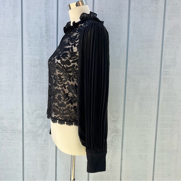 Story On Pleated Sleeve Lace Blouse Top Sheer Black See-Through - Picture 9 of 11